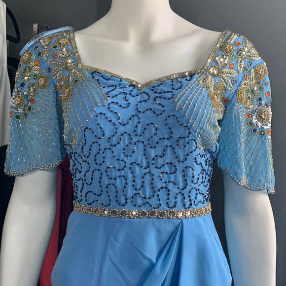 Virgos Loung Blue Beads Embellished Dress Tulip Midi Formal Small New - Picture 5 of 13